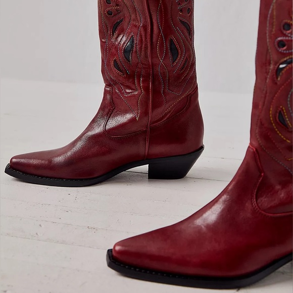 New Free People Rancho Mirage 6.5 Red Multi Embroidered MidCalf Leather Western - Picture 5 of 8